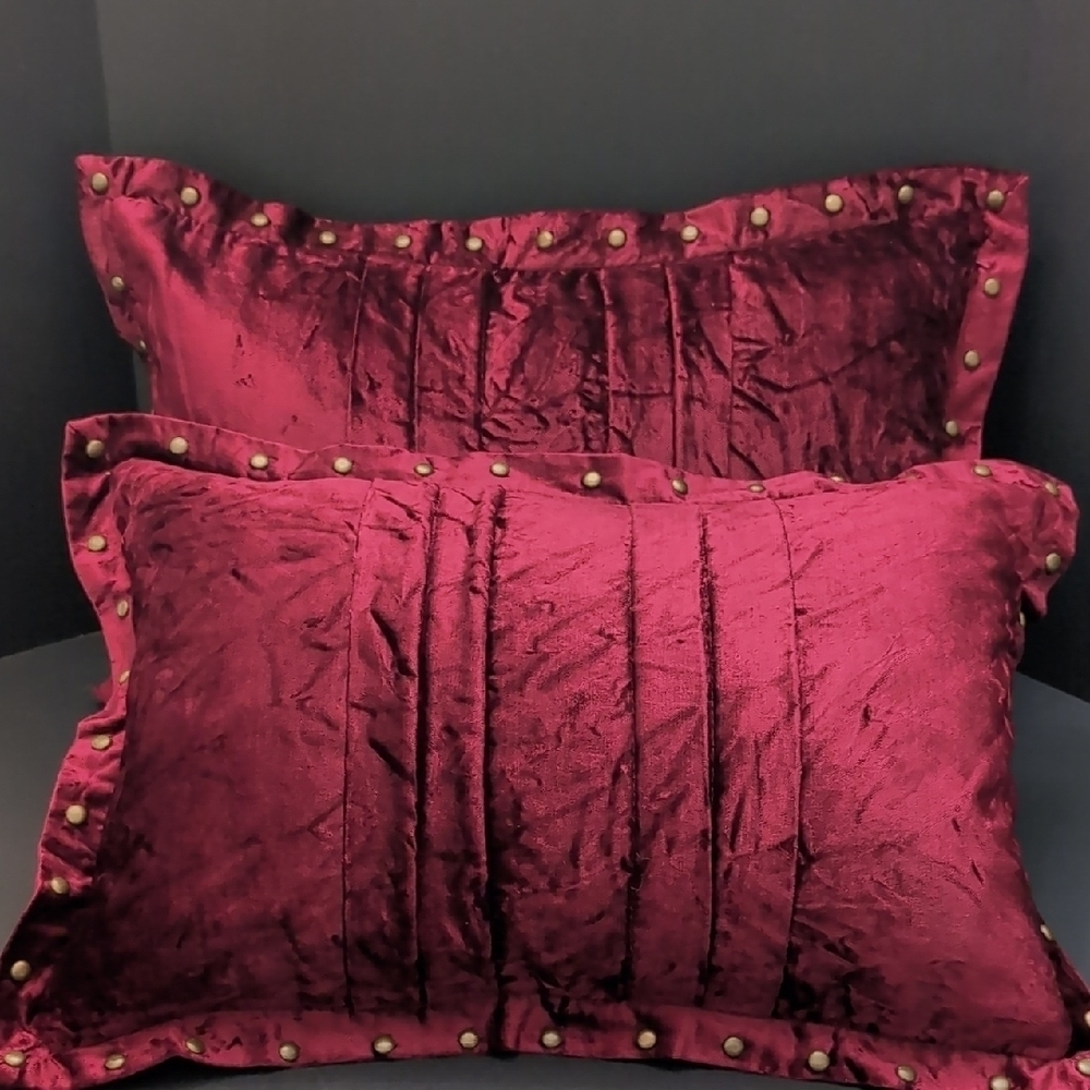 Pier 1,Set of 2 Red Velvet Throw Pillows with Bronze Studded Accents.